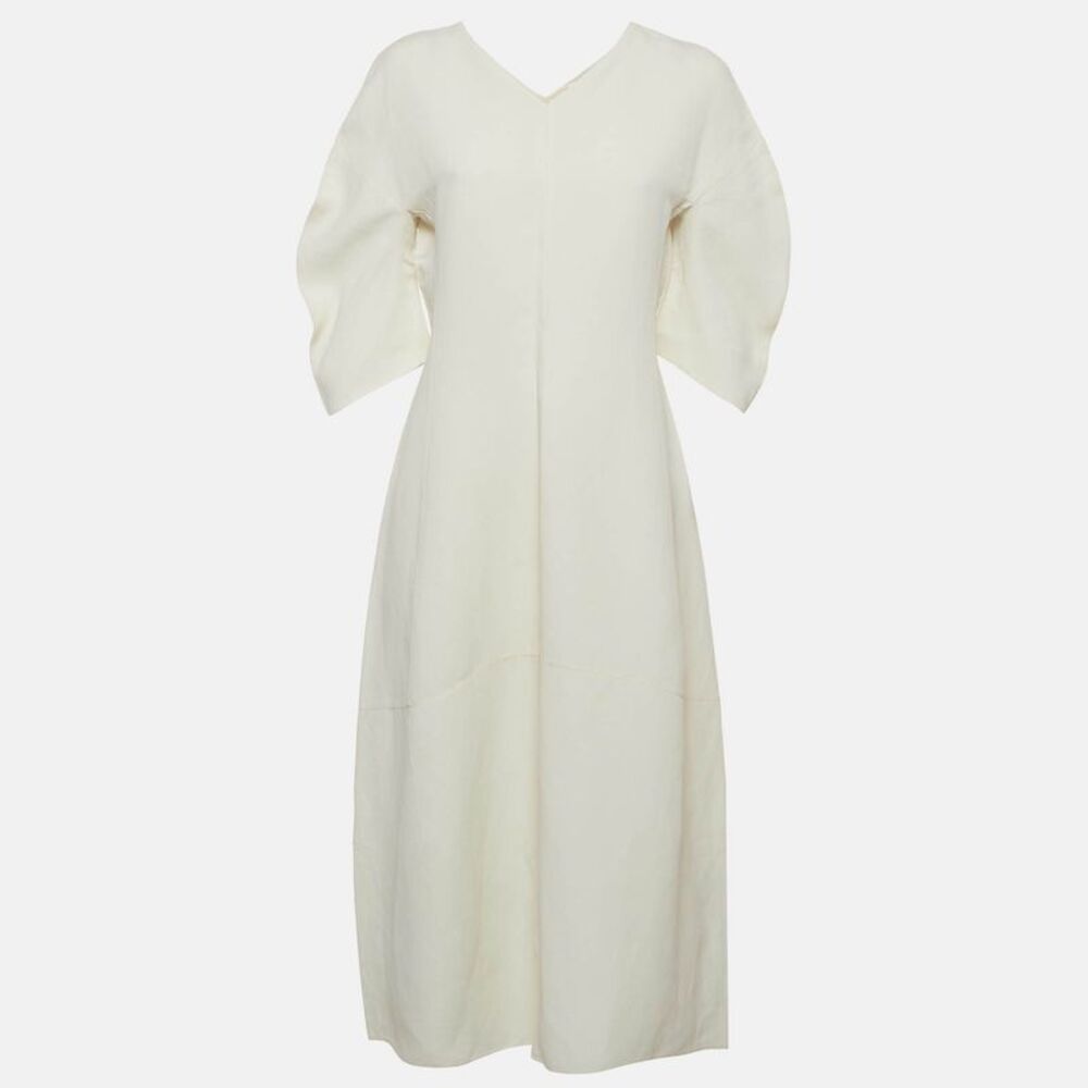 Jil Sander White Linen Curved Sleeve V-Neck Midi Dress S